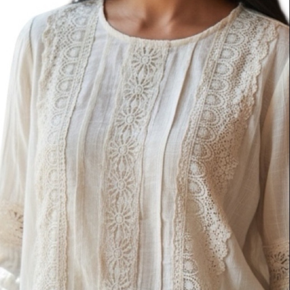FSL + Apparel Ivory Lace Trim Boho Blouse Sz L Cottagecore Romantic Rayon Top
